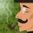 Sherlock Holmes or Hercule Poirot look like. Detective with mustache. English man with hat. Gentleman with pince-nez or eyeglasses. English detective vector illustration. Vintage style. Smoking pipe