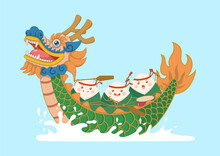 Cute And Kawaii Chinese Sticky Rice Zongzi Characters Riding Dragon Boat