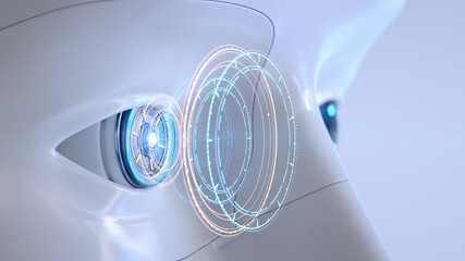 Humanlike robot's eye with hologram. 3D animation