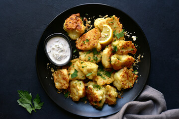 Wall Mural - Roasted  spicy cauliflower with cheese and garlic crumbs. Top view with copy space.