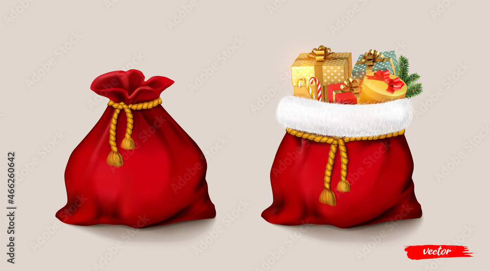 Santa Claus red bag set. Open and closed Christmas bags with gifts ...