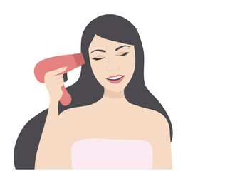 Wall Mural - Beautiful young woman drying her hair with dryer vector illustration