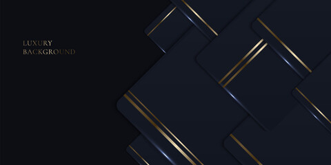 Abstract elegant template dark blue square with golden stripes decoration on black background