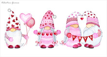 Watercolor Illustration. Valentines Gnomes With Pink Balloons On White Background. Gnomes Love.