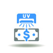Vector illustration of checking a dollar banknotes with an ultraviolet lamp. Symbol of money counterfeit control and analyze. Icon of money sterilization and disinfection.