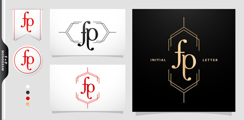 FP or PF initial letter and graphic name, FP or PF Monogram, for Wedding couple monogram, logo company and icon business, with black white color, gold color and gradient red color isolated background