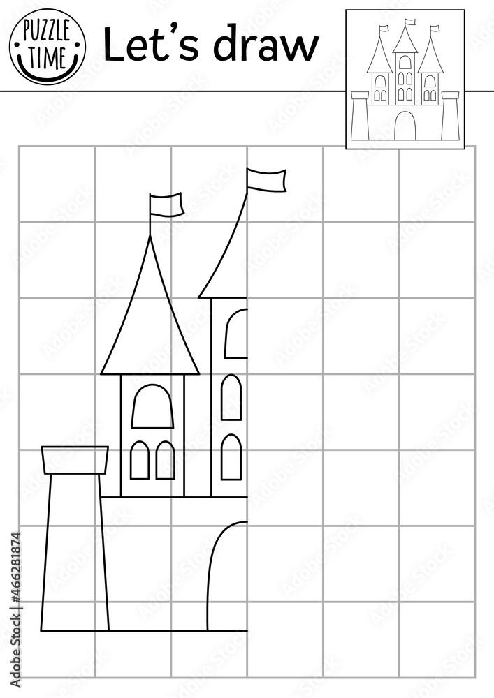 Complete the castle picture. Vector fairytale symmetrical drawing ...