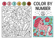 Vector Magic kingdom color by number activity with pink unicorn and flowers. Fairytale counting game with cute horse. Funny coloring page for kids with fantasy creature. .