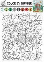 Wall Mural - Vector Magic kingdom color by number activity with castle. Fairytale counting game with cute fantasy forest landscape and king house. Funny coloring page for kids with palace and dragon. .