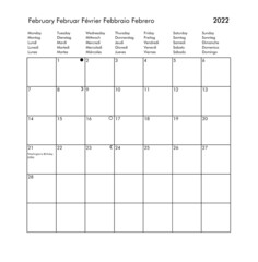 Poster - Year 2022 February international calendar with holidays