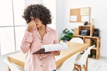 Sticker - Young middle eastern woman wearing business style at office tired rubbing nose and eyes feeling fatigue and headache. stress and frustration concept.