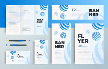 3d shapes striped spheres blue identity cover Set flyer cover, tri-fold, banner, roll up banner, business card