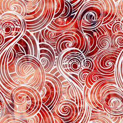 Sticker - Curls, clouds and abstract lines - boho seamless pattern. Digital lines hand drawn picture with watercolour texture. Mixed media artwork. 