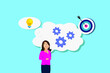 © Creativa Images - Idea vector concept. Businesswoman getting an idea while standing with cogwheels and dartboard background