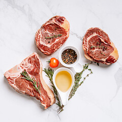 Wall Mural - three delicious steaks ready to grill on a white marble surface