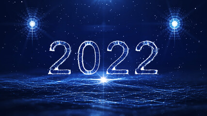 Poster - happy new year 2022. celebration concept in the technology category where polygons are connected with a dark blue background.