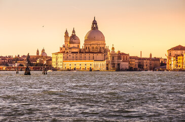 Panoramic view of famous Canal Grande with Basilica di Santa Maria della Salute in the background, Venice, Italy