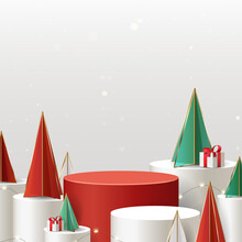 Christmas And New Year 3D Scene, Podium For Product Display In White Background.
