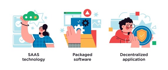 Application service abstract concept vector illustration set. SaaS technology, packaged software, decentralized application abstract metaphor.
