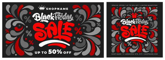 Wall Mural - Two Black Friday Sale vector template for advertising banner, poster, flyer etc with calligraphy lettering in square and rectangle. Bright and festive design with funny letters and percentage signs