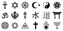 Religious Symbols. Set Of Miscellaneous Religious Icons On White Background. Black Religious Icons. Vector Illustration.