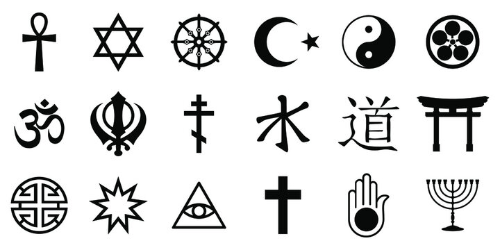 religious symbols. set of miscellaneous religious icons on white background. black religious icons. 