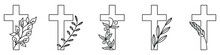 Christian Cross With Plant. Cross With Flowers. Linear Design Of Christian Cross With Branch. Vector Illustration