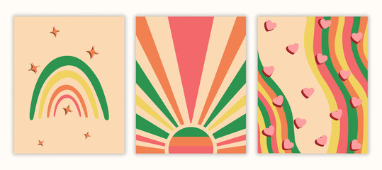Canvas Print - colorful set of posters. retro art with sun, rainbow, waves and hearts. pop art design elements for 