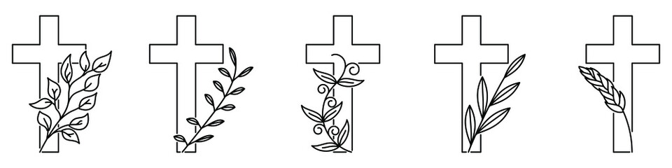 Wall Mural - Christian cross with plant. Cross with flowers. Linear design of christian cross with branch. Vector illustration