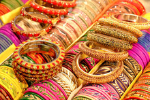 Indian Colorful Bangles Displayed In Local Shop In A Market Of Pune, India, These Bangles Are Made Of Glass Used As Beauty Accessories By Indian Women.