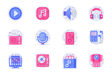 Aufkleber - Music and radio station concept web flat color icons with shadow set. Pack pictograms of volume, microphone, earphones, play and other. Vector illustration of symbols for website mobile app design