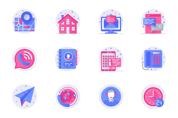 Leinwandbilder - Contact us support concept web flat color icons with shadow set. Pack pictograms of email, chat, call, assistance, support and other. Vector illustration of symbols for website mobile app design