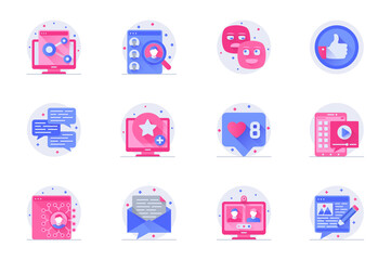 Poster - Social media concept web flat color icons with shadow set. Pack pictograms of internet communication, link, profile, like, chat and other. Vector illustration of symbols for website mobile app design
