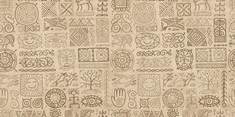 Wall Mural - Ethnic handmade ornament, Folk Vintage Symbols. Grunge Seamless Pattern for your design