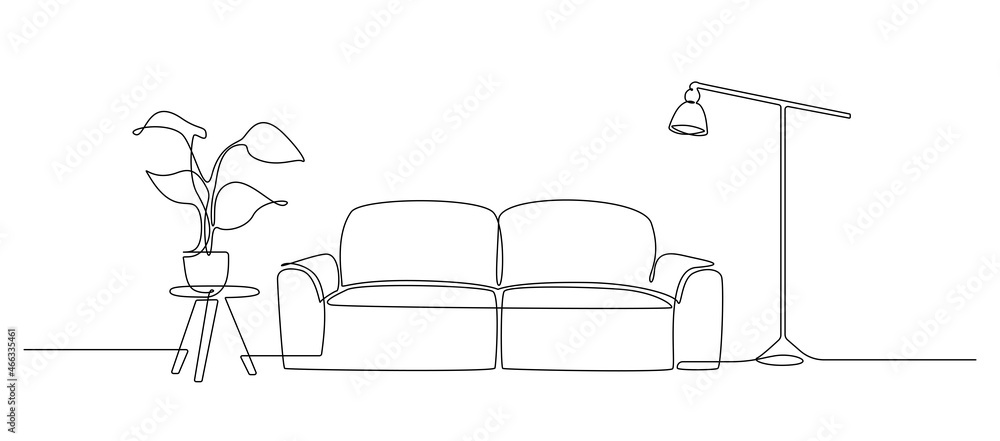 Continuous one line drawing of sofa and lamp and table with plant ...