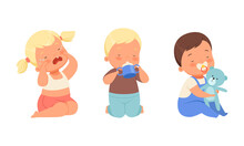 Baby Boy Drinking Milk From Bottle And Girl Crying Vector Set