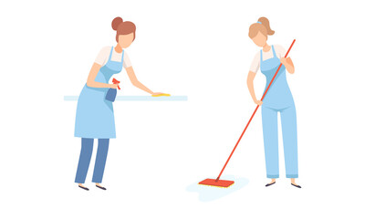 Wall Mural - Young Woman Professional Cleaner in Blue Overall and Apron Wiping Shelf and Mopping Floor Vector Set