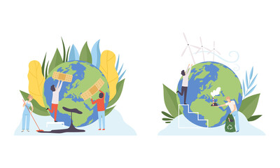 Wall Mural - People Character Cleaning Earth Planet Taking Away Industrial Plant and Sticking Plaster Care of Ecology and Environment Vector Illustration Set