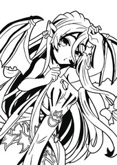 Sexy manga anime girl with big breasts demoness in white dress with bat wings and gold jewelry painting line style manga vector