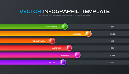 Colorful infographic presentation with 6 points. Horizontal bars chart design template. Statistics graphic visualization.
