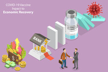 3D Isometric Flat Vector Conceptual Illustration Of Covid-19 Vaccine Impact To Economic Recovery, Positive Business Growing