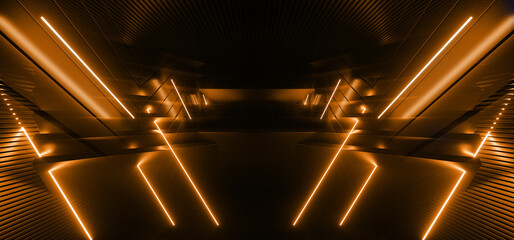 Wall Mural - Neon Laser Sci Fi Cyber Futuristic Spaceship Tunnel Corridor Glowing Orange Lights Metal Columns Showroom Warehouse Underground Cement Concrete Glossy Floor Background Realistic 3D Rendering