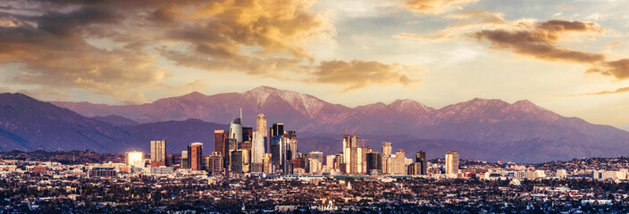 Fototapete - Los Angeles Skylinebat sunset