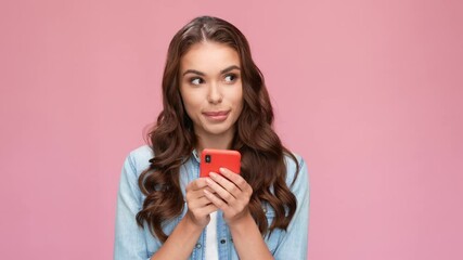 Wall Mural - Cute minded lady hold telephone bite lip look empty space date app advice