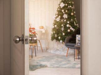 Canvas Print - View on living room decorated for Christmas from open door