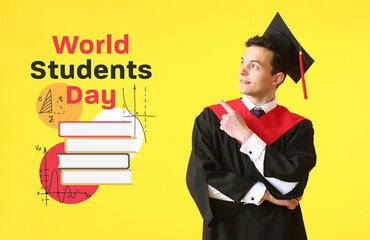 Wall Mural - Greeting card for World Students Day with man in graduation hat