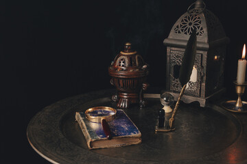 Poster - Table prepared for a tarot card reading. Mystery and futurology night.