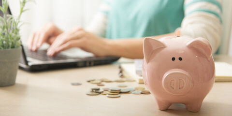 Wall Mural - woman hand putting money coin into piggy for saving money wealth and financial concept