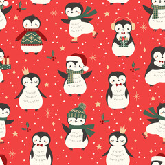 Wall Mural - Vector Christmas seamless pattern with cute little penguins on red background. Christmas and New Year wrapping paper for children.