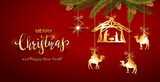 Fototapeta  - Christian Christmas Elements and Christmas Tree on Red Background